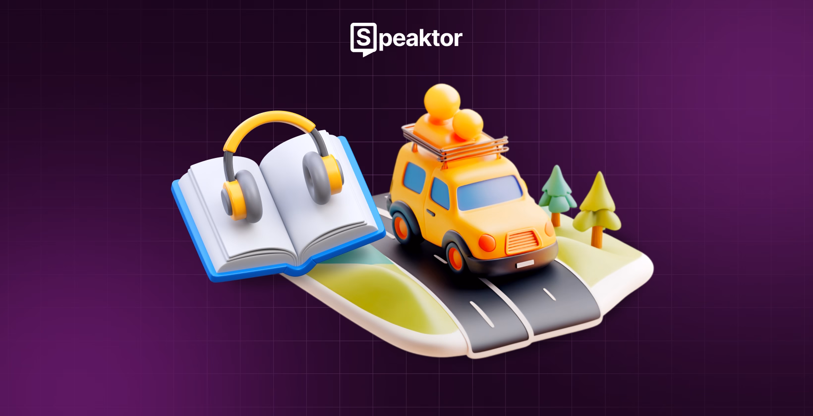 Audiolibro con cuffie e un'auto su strada, con Speaktor per i viaggi in auto.