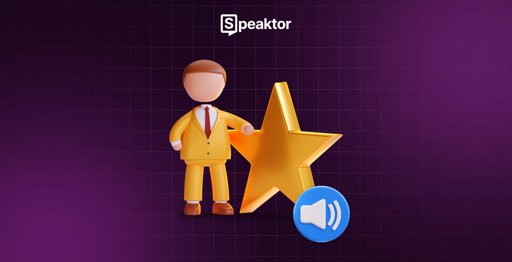 Ilustracja osoby z gwiazdą i ikoną dźwięku, z logo Speaktor.