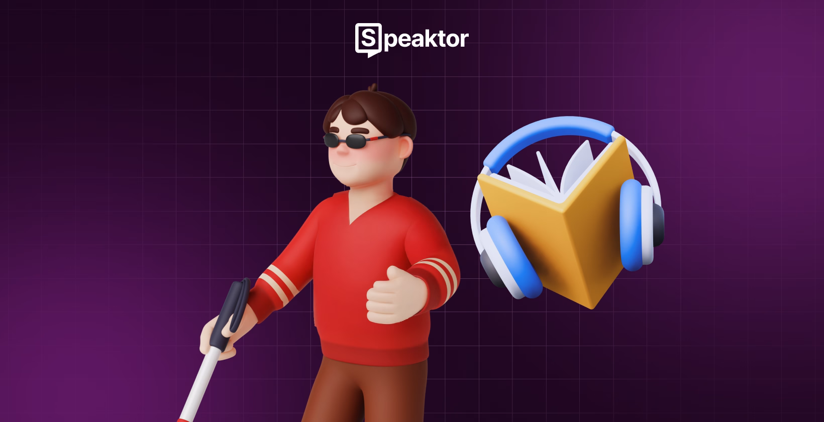 杖とオーディオブックのシンボルを持つ視覚障害者がSpeaktorを使用しているデジタルイラスト。