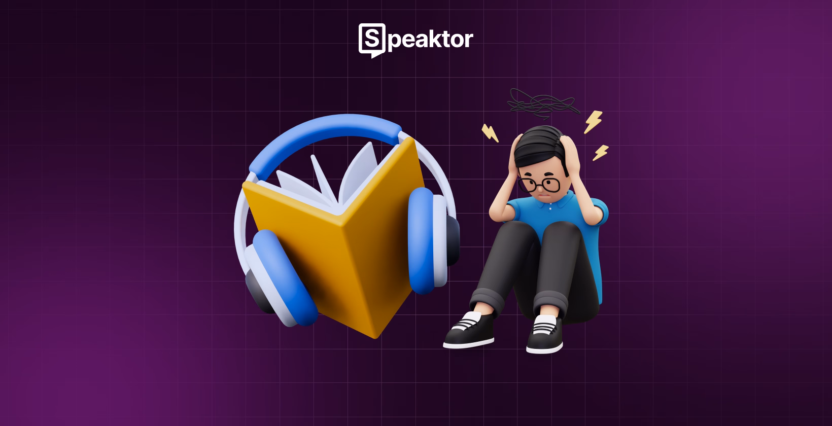 ADHD를 위한 Speaktor 독서 보조 일러스트레이션으로 헤드폰을 착용한 스트레스 받는 사람이 보입니다.
