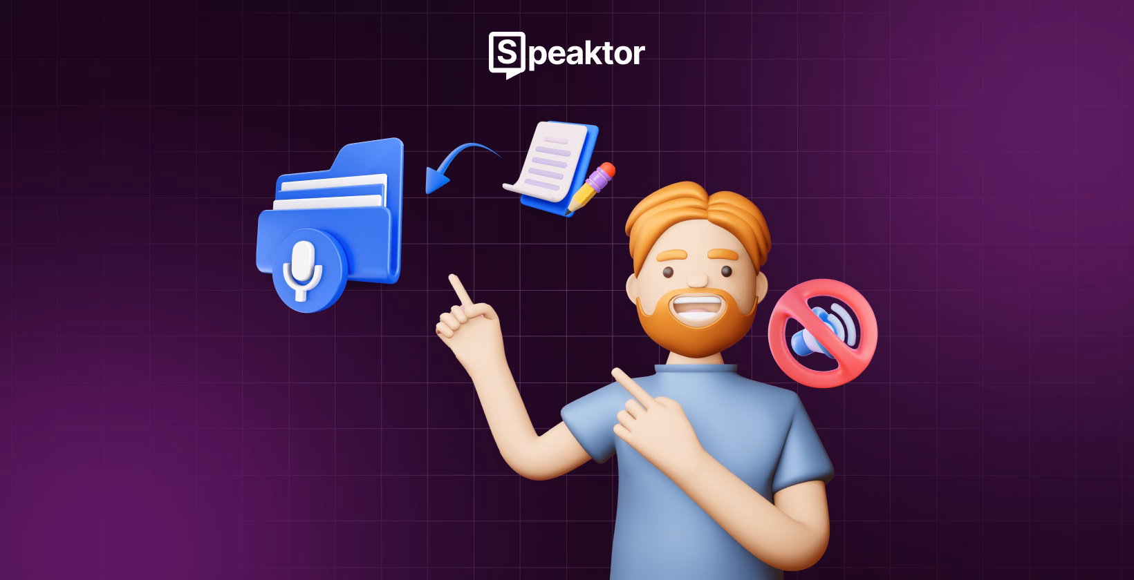 Kreslená ilustrace osoby s ikonami převodu textu na řeč a logem Speaktor.