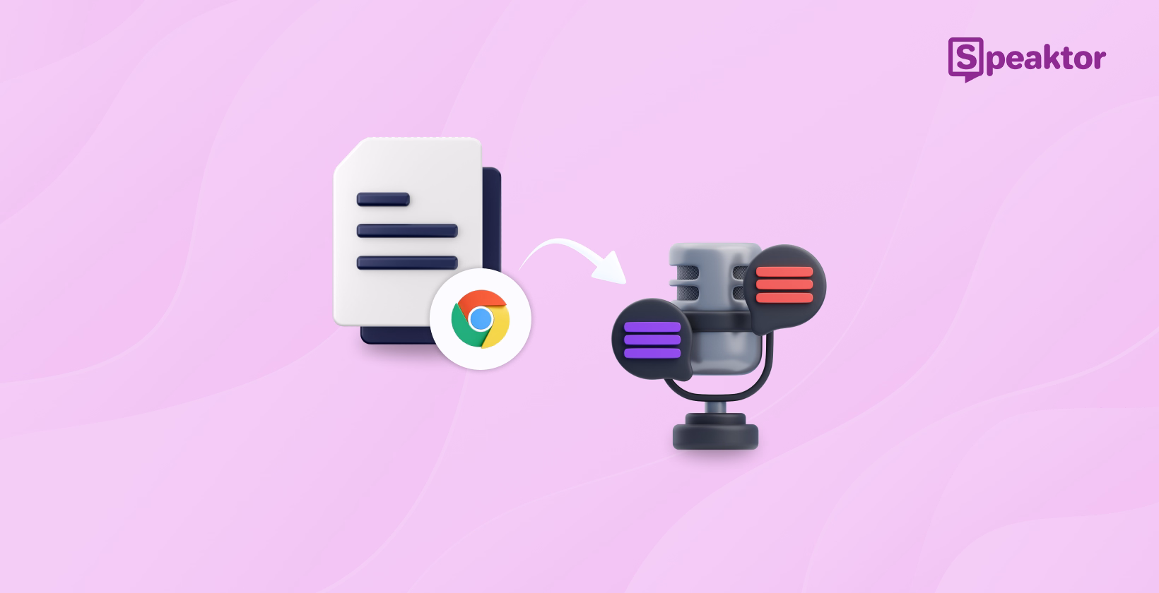Процесс преобразования документа в аудио с логотипом Chrome и индикаторами вывода звука.