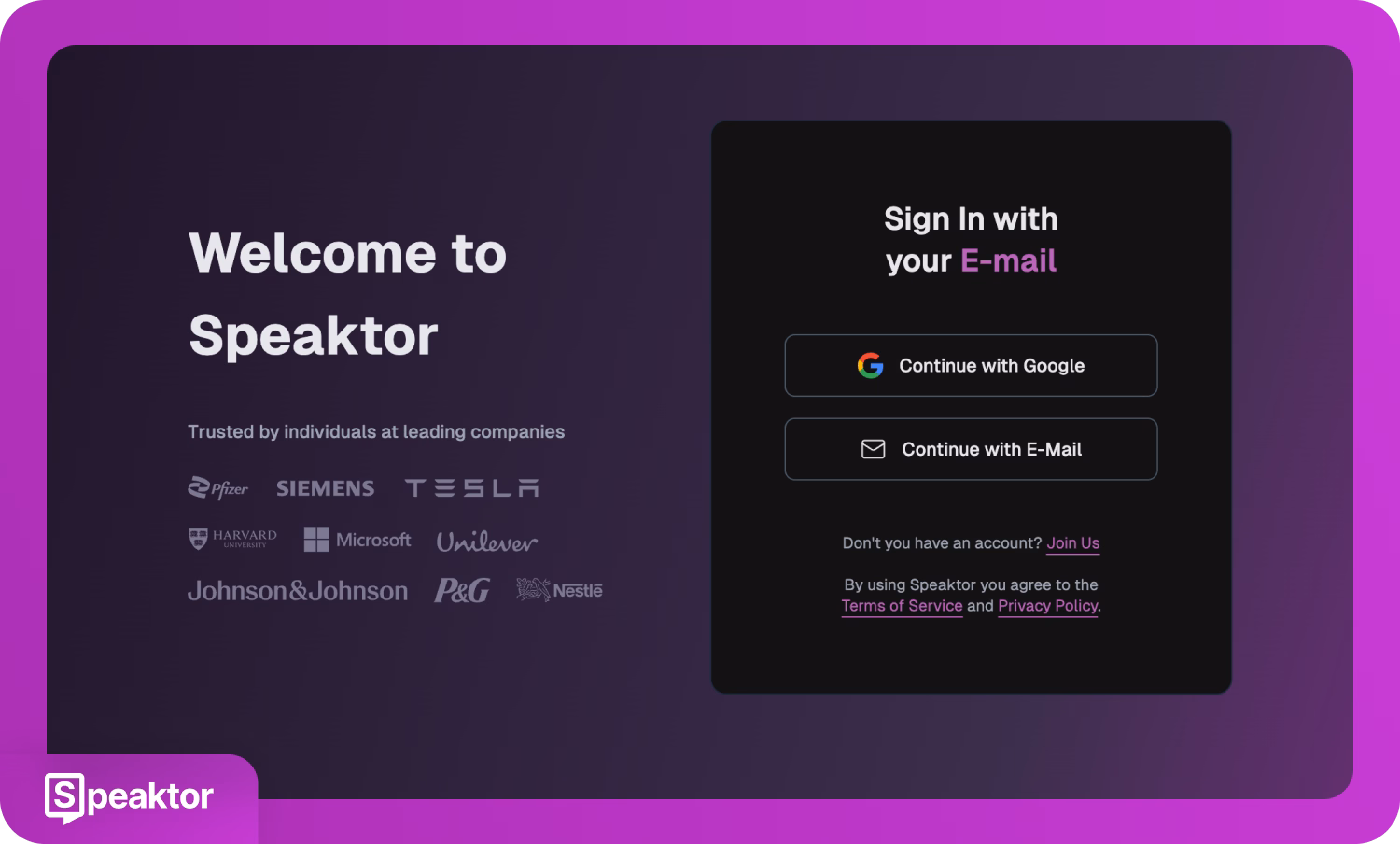 Pagina di accesso di Speaktor con opzioni per continuare con Google o email, affidato da grandi aziende.