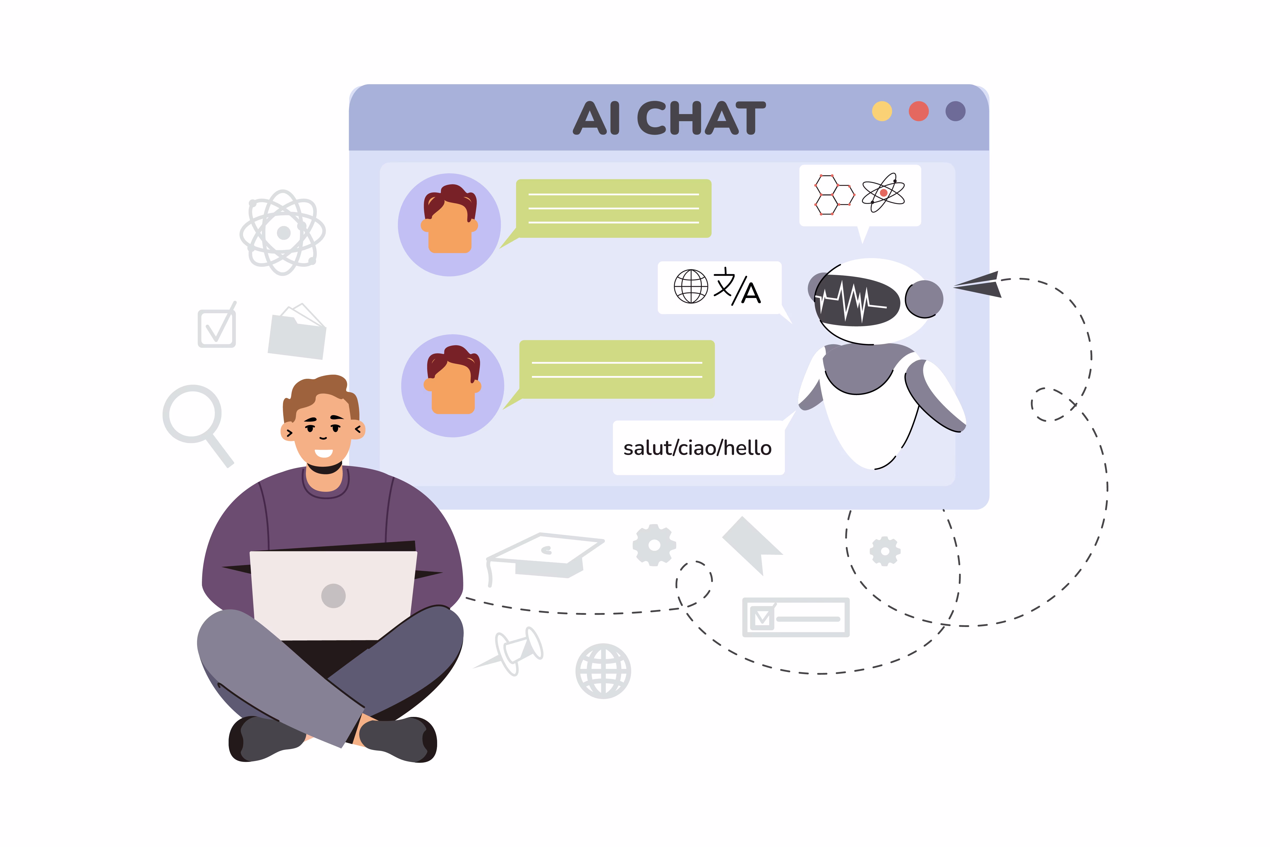 노트북으로 번역 기능을 보여주는 AI 채팅 인터페이스를 보며 다리를 꼬고 앉아있는 사람