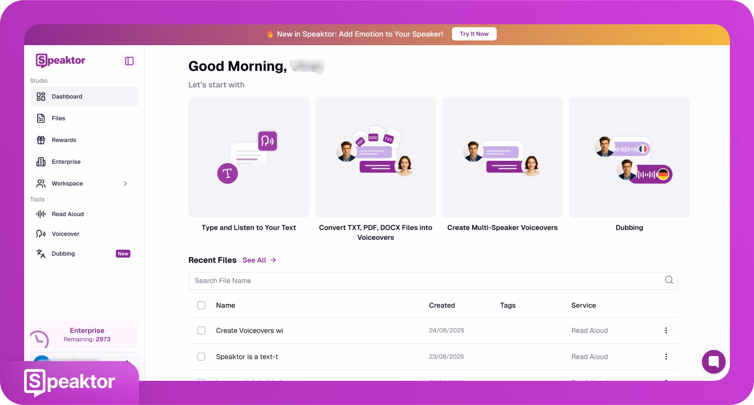Rozhraní dashboardu Speaktoru pro nástroje převodu textu na řeč a služby hlasového doprovodu.