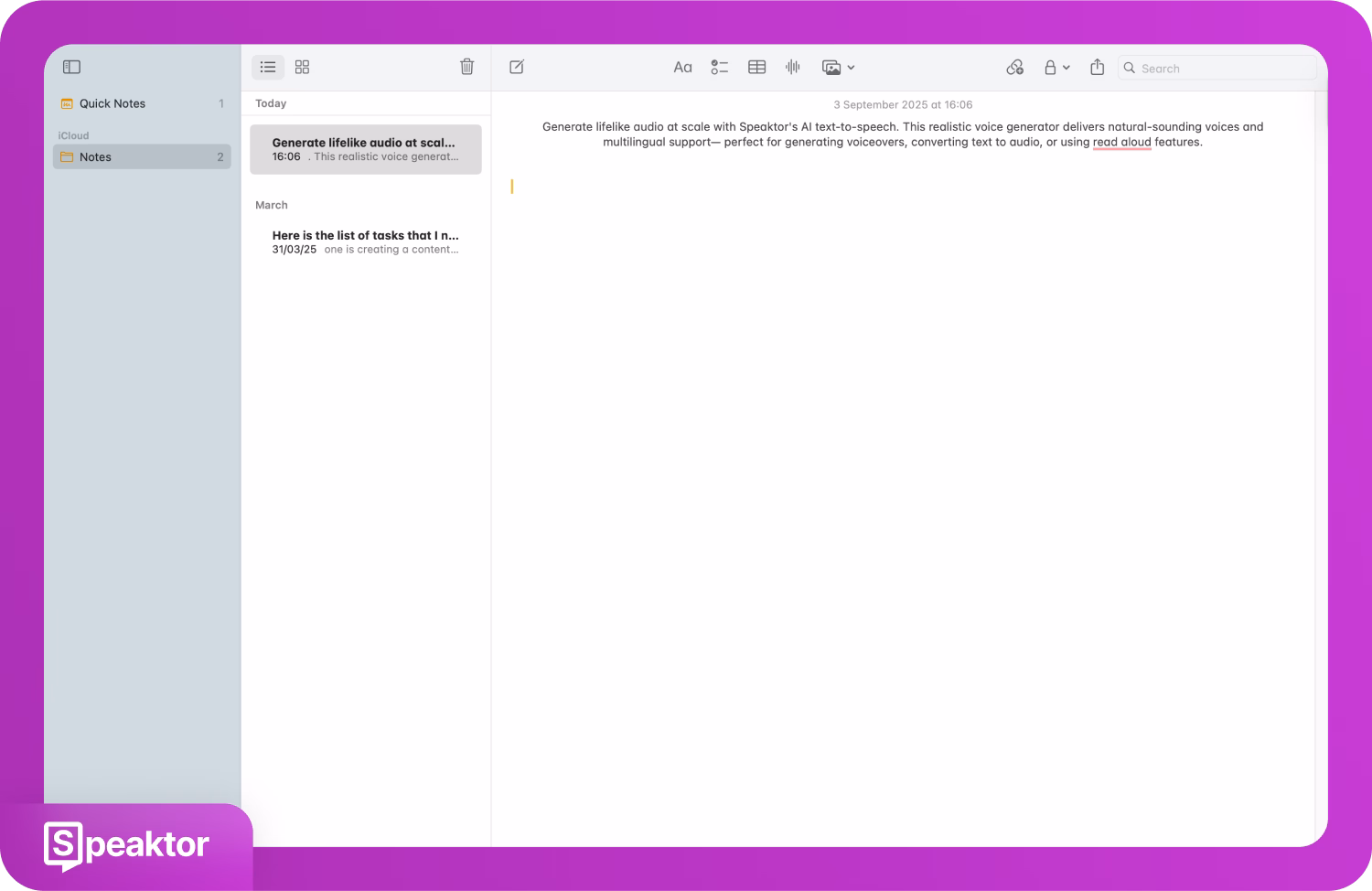 Rozhraní Speaktoru pro převod textu na řeč zobrazující poznámky a možnosti konverze.