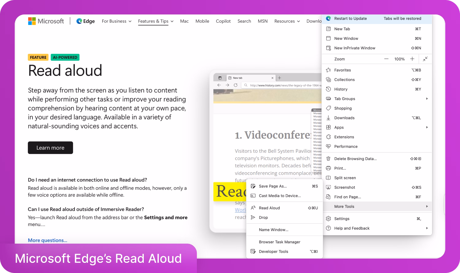 Tính năng Đọc to của Microsoft Edge trình bày các tùy chọn chuyển văn bản thành giọng nói trong trình duyệt.