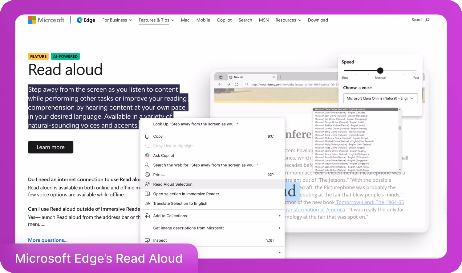 Giao diện Tính năng Đọc to của Microsoft Edge hiển thị các tùy chọn chọn giọng đọc và tốc độ.