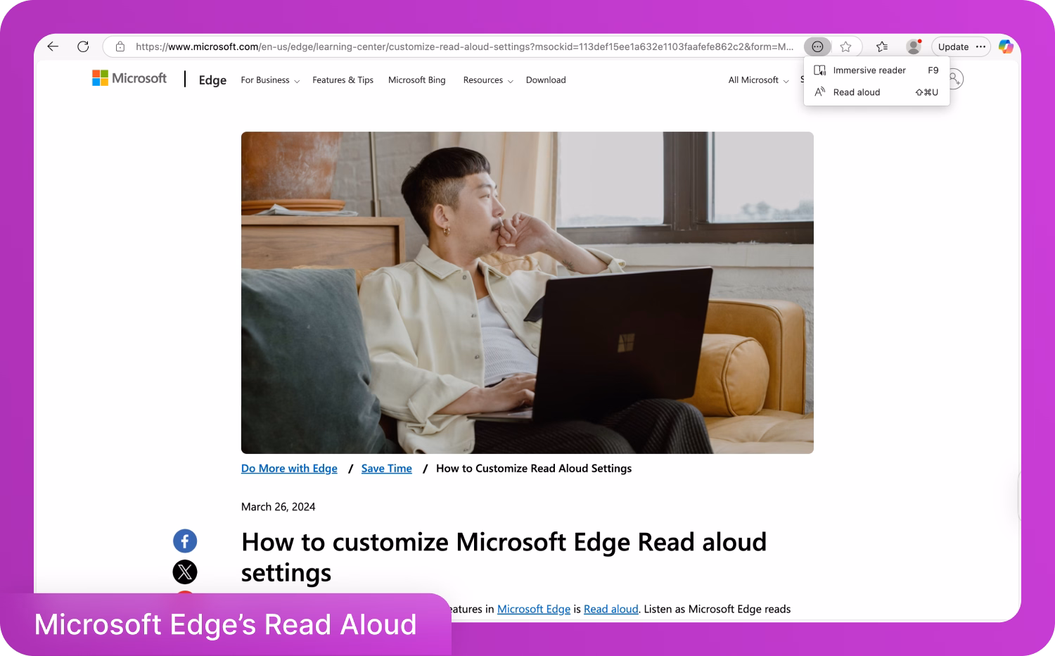 Người dùng đang sử dụng Tính năng Đọc to của Microsoft Edge trên máy tính xách tay.