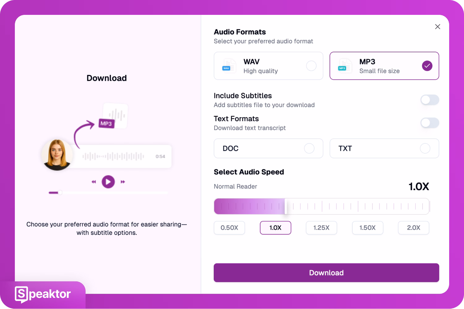 Giao diện Speaktor hiển thị các tùy chọn định dạng âm thanh và cài đặt tải xuống cho MP3.