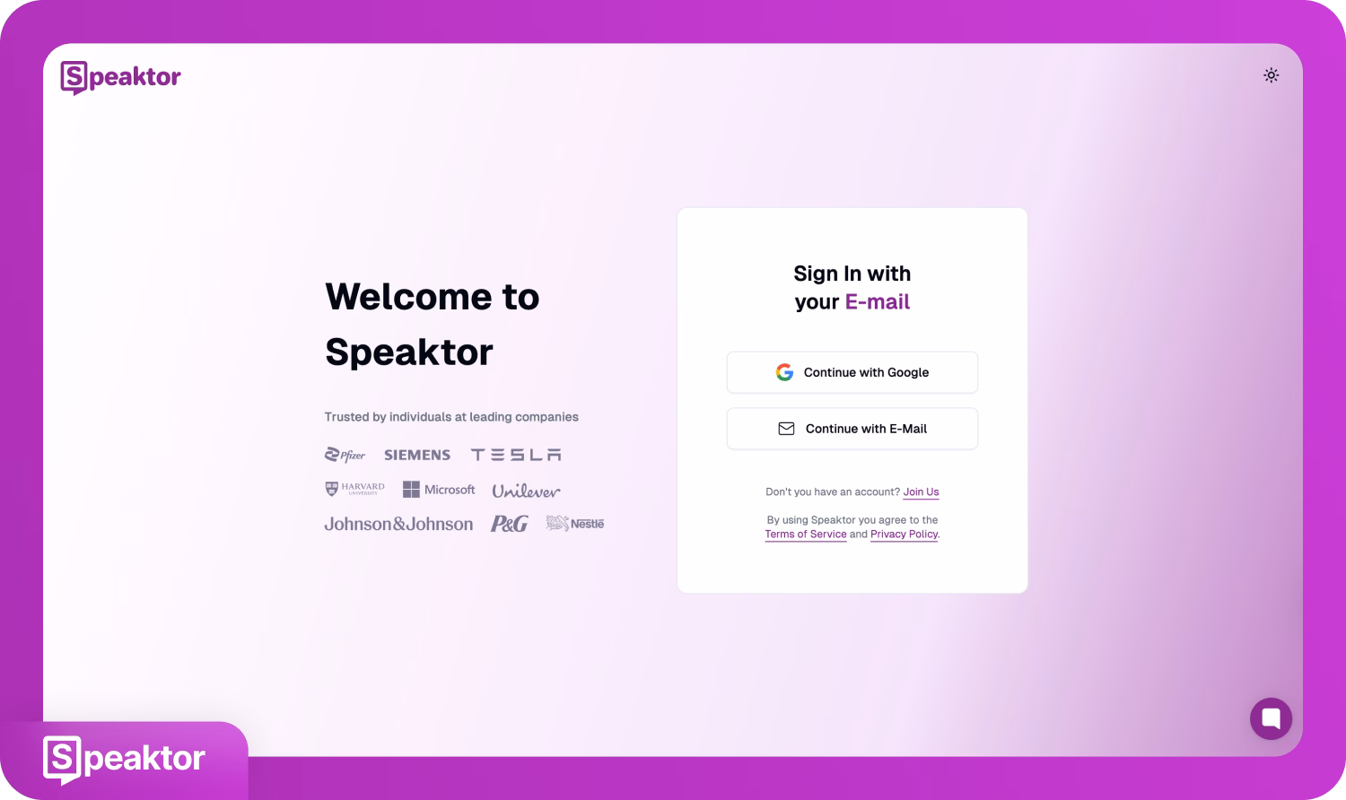 Trang đăng nhập Speaktor với các tùy chọn đăng nhập qua Google hoặc email.