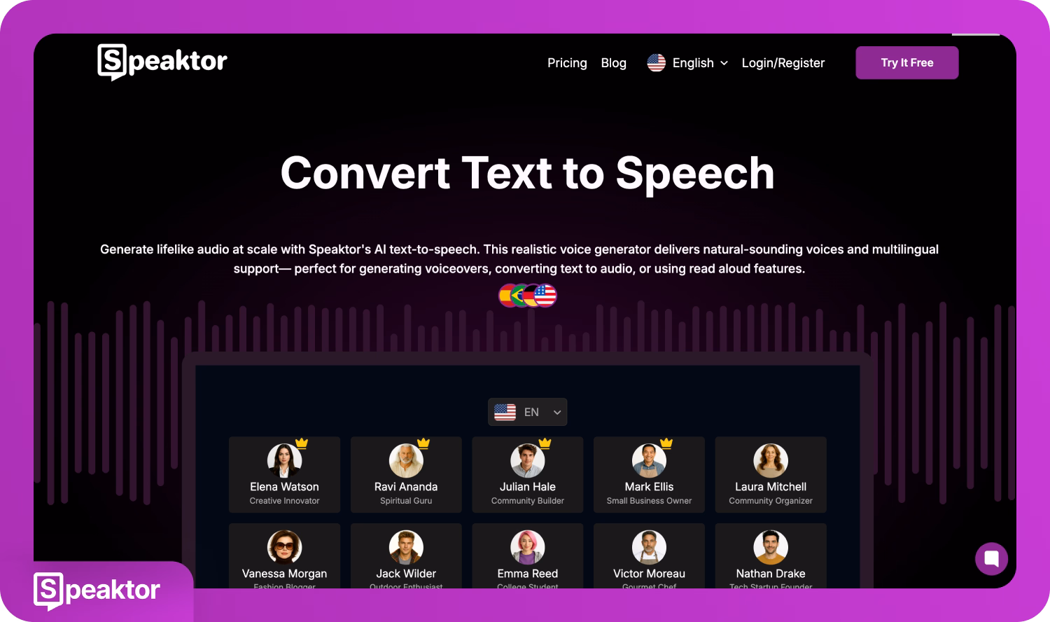 Giao diện Speaktor trình bày chuyển đổi văn bản thành giọng nói với hỗ trợ đa ngôn ngữ.