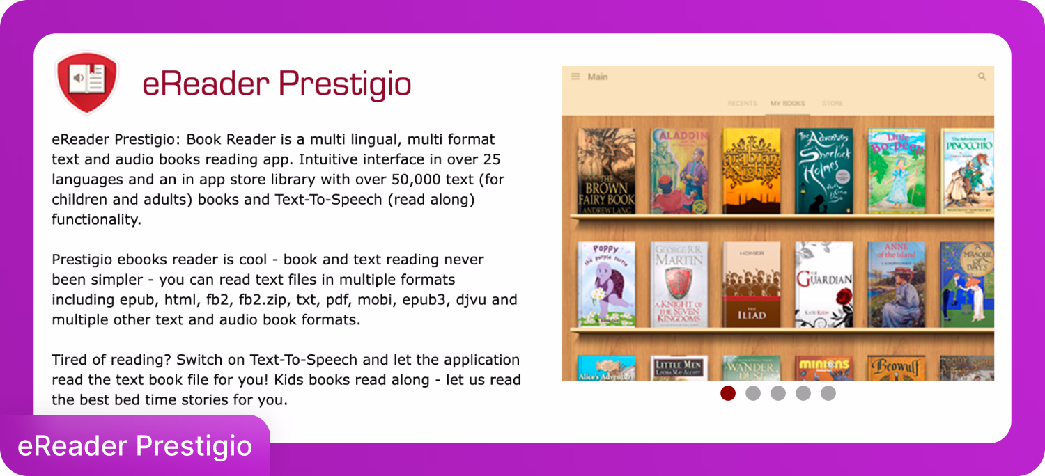 Διεπαφή του eReader Prestigio που δείχνει ψηφιακή βιβλιοθήκη με λειτουργίες ανάγνωσης PDF φωναχτά ως ακουστικά βιβλία