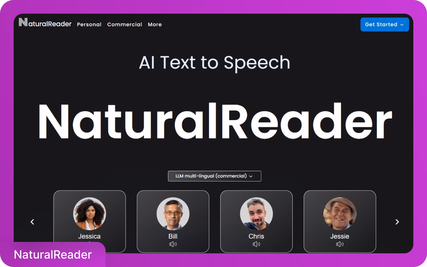 사용자 프로필이 특징인 NaturalReader AI 텍스트 음성 변환 인터페이스.