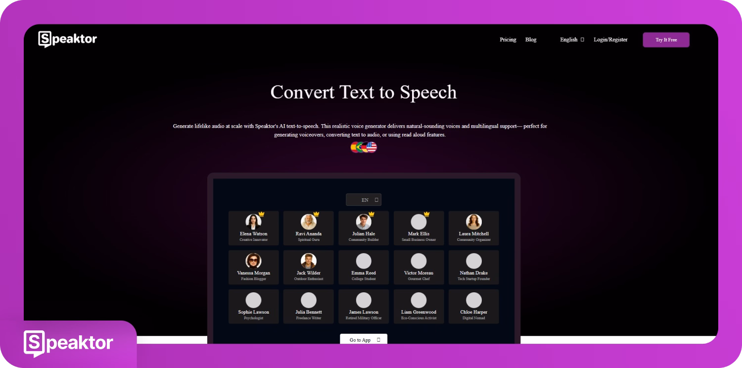 다양한 사용자 프로필이 있는 Speaktor의 텍스트를 음성으로 변환하는 인터페이스.