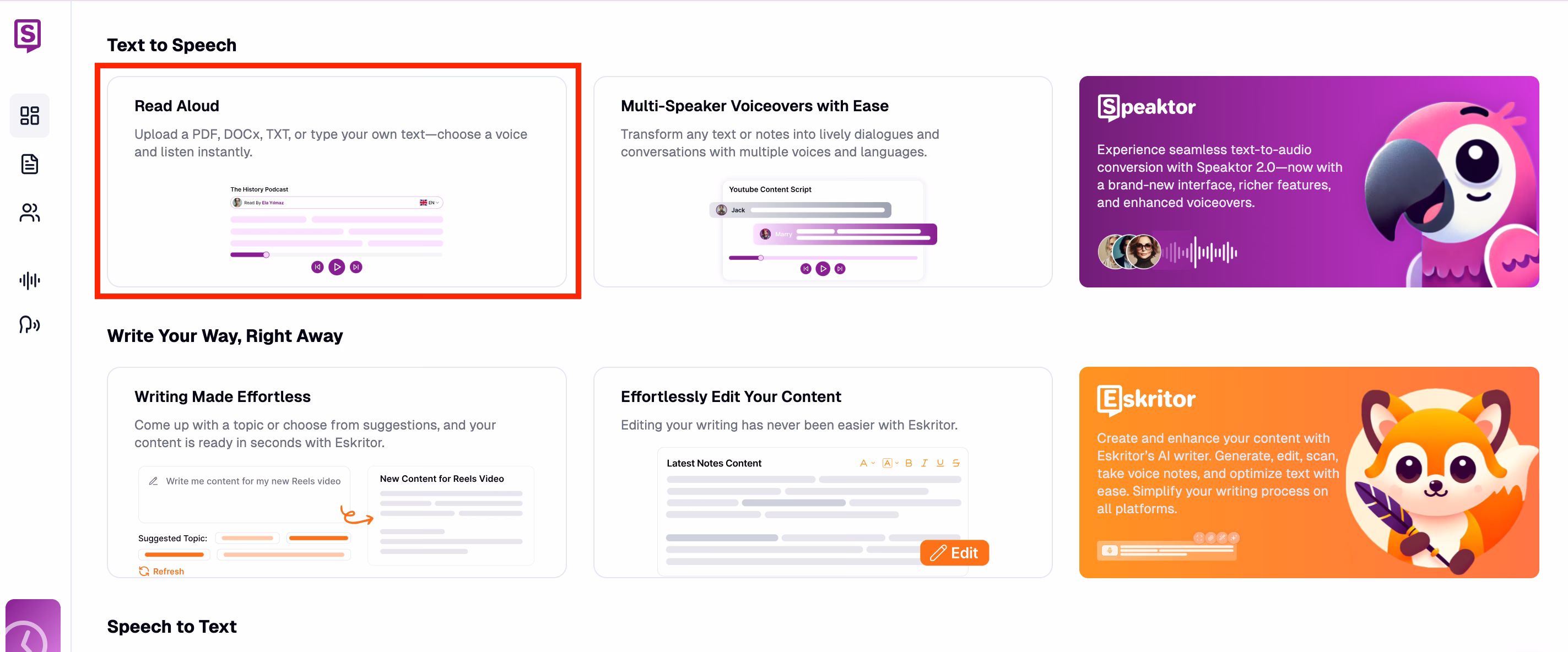 Speaktor Read Aloud feature showing podcast-style player interface