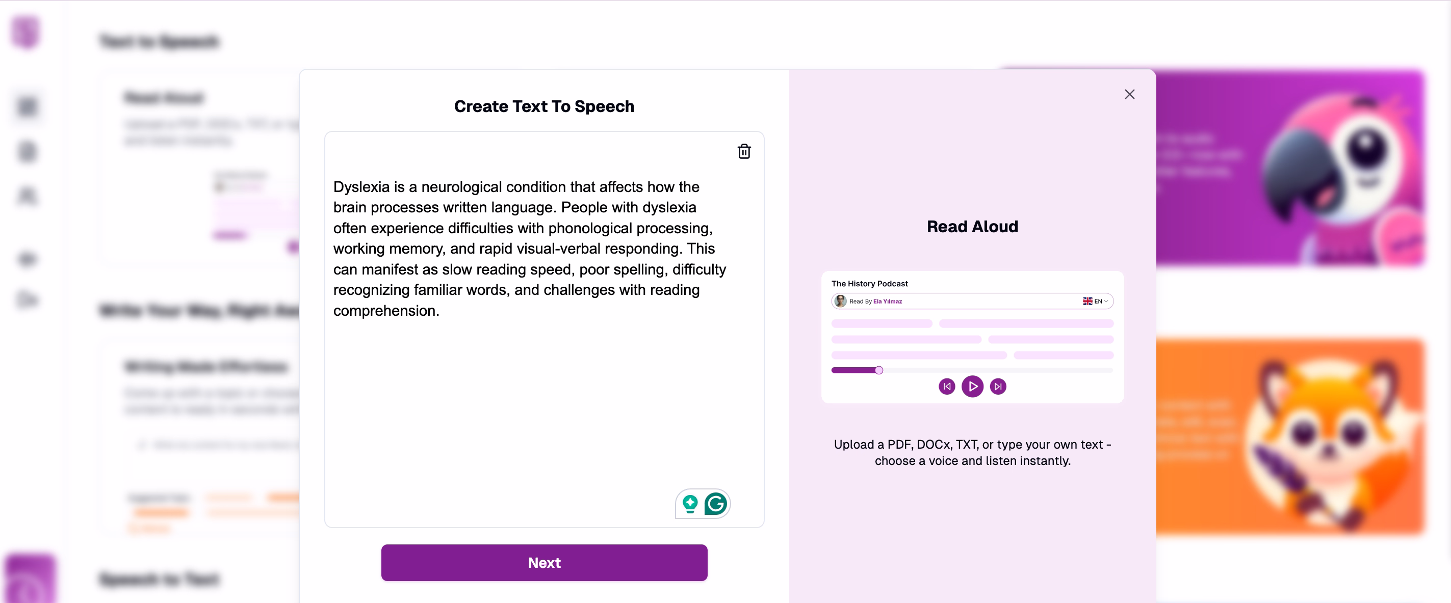 Speaktor interface showing text about dyslexia with read aloud player