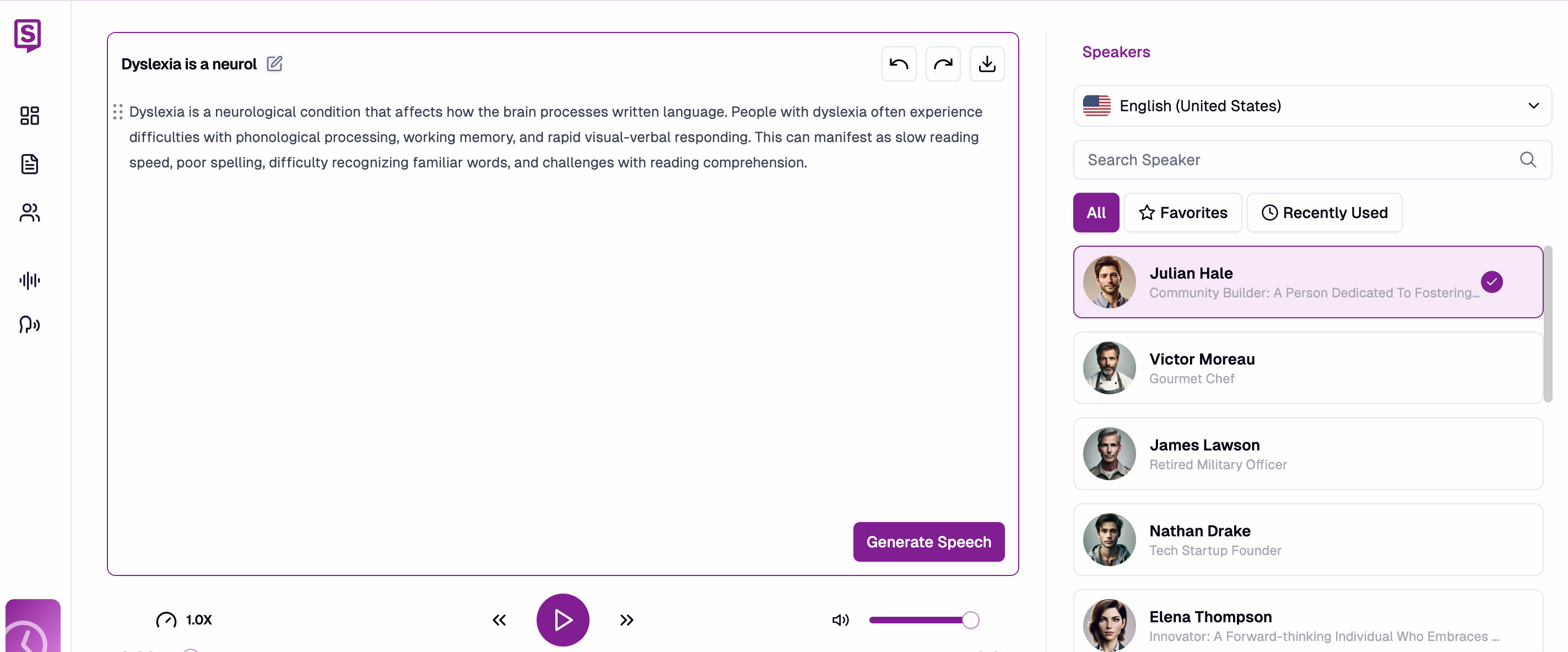 Speaktor text editor with dyslexia information and voice selection panel