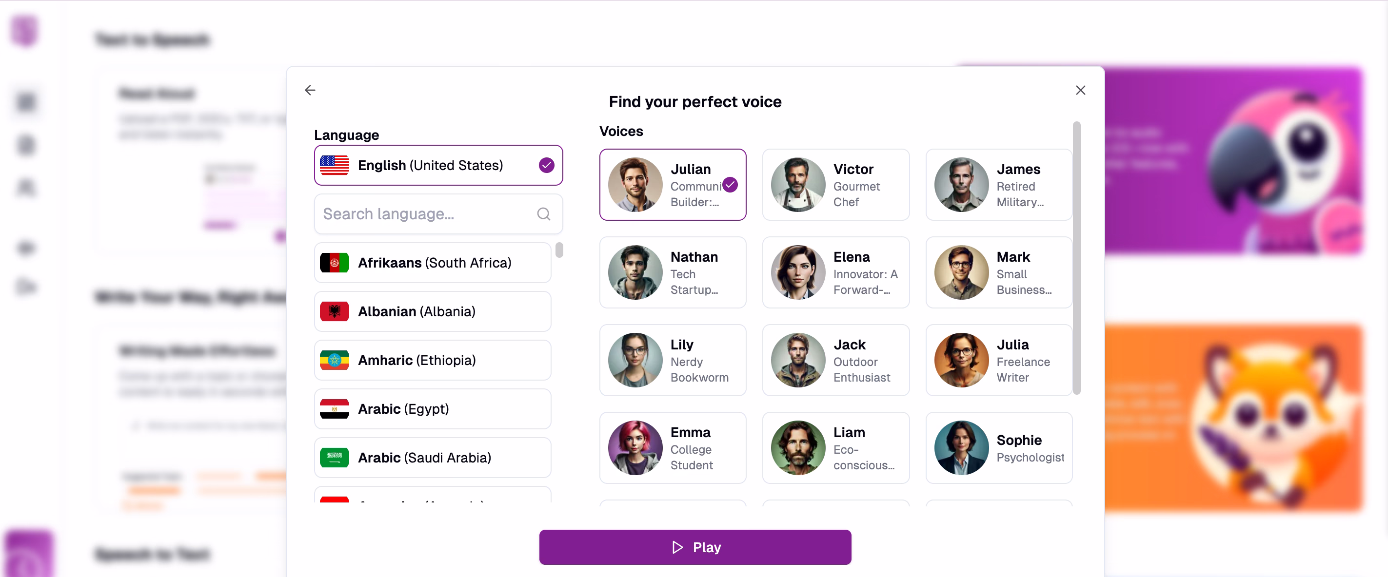 Speaktor voice selection interface showing multiple voice options across languages