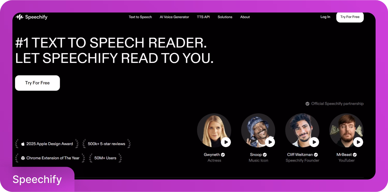 視覚障害者支援のためのSpeechifyテキスト読み上げリーダーインターフェースと行動喚起。