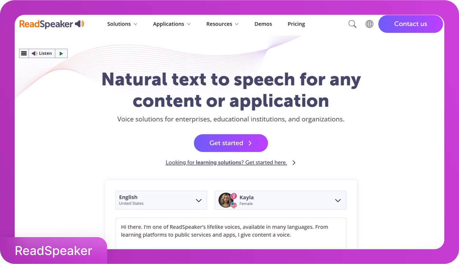 様々な用途向けの自然なテキスト読み上げソリューションを紹介するReadSpeakerのホームページ。