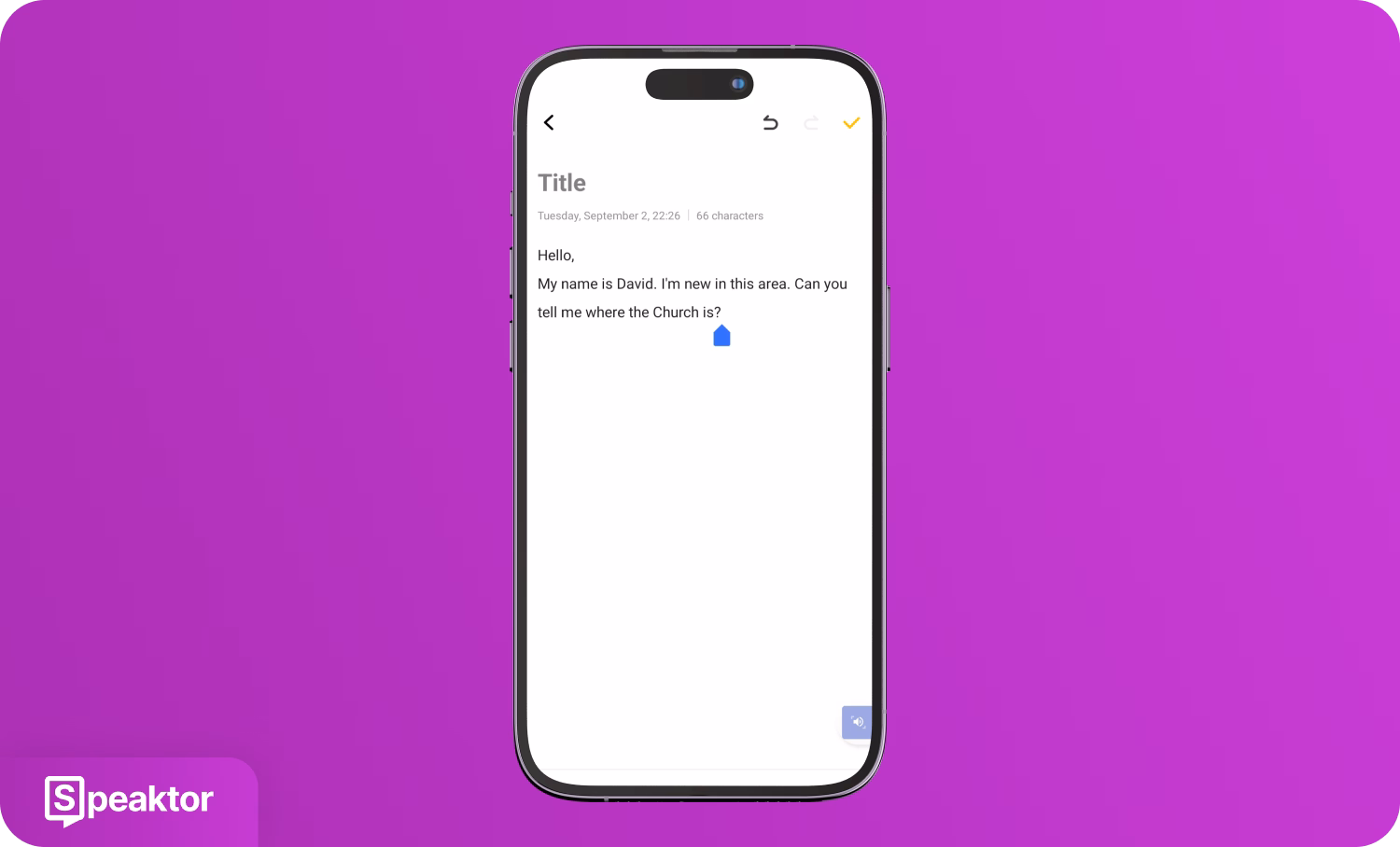 Telefon zobrazující aplikaci Speaktor pro němé lidi používající převod textu na řeč.