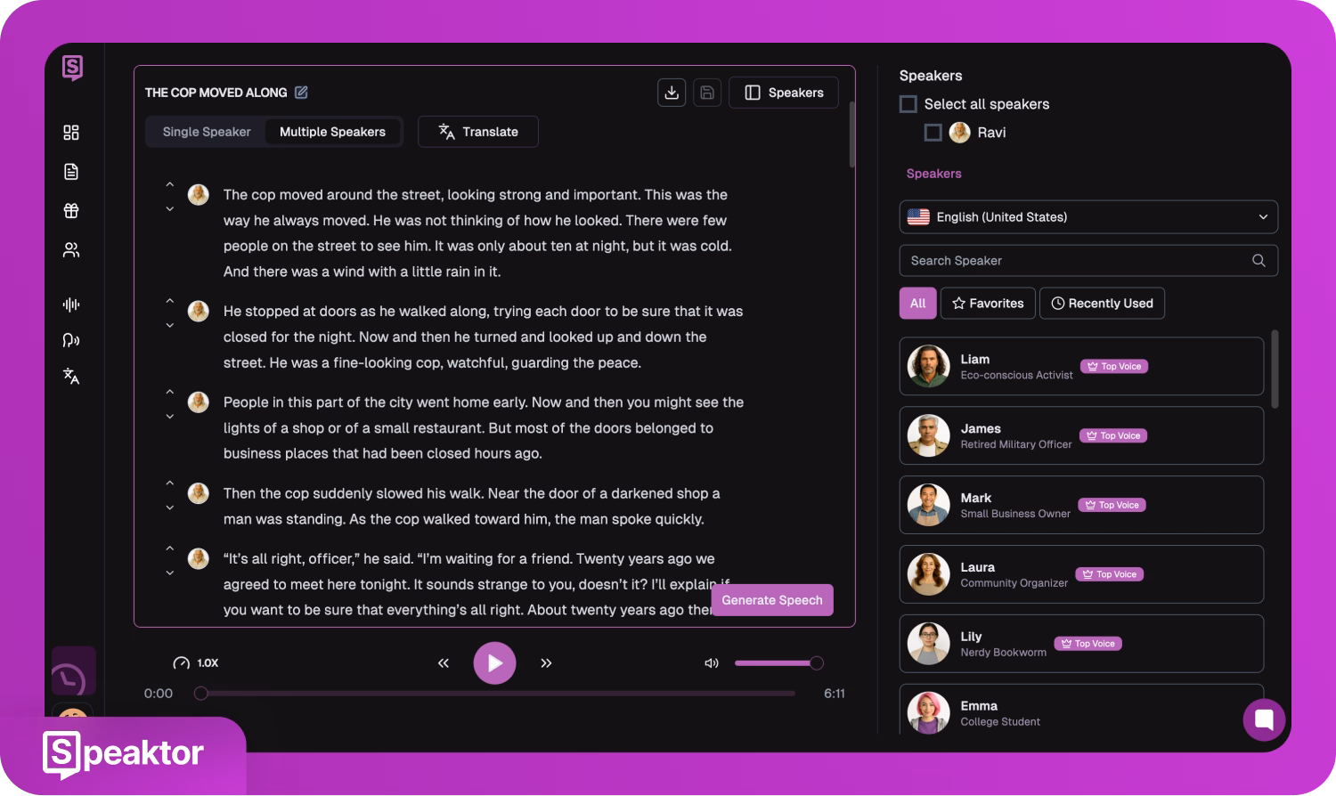 Интерфейс за аудиокниги на Speaktor, показващ опции за текст и говорител.