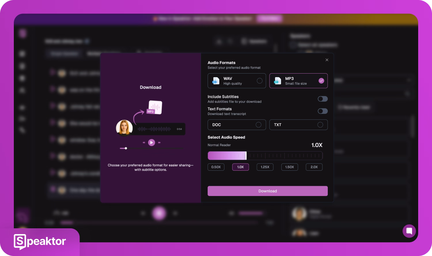 Інтерфейс Speaktor для створення демонстрації продукту за допомогою ШІ, що показує параметри аудіоформату та налаштування завантаження.