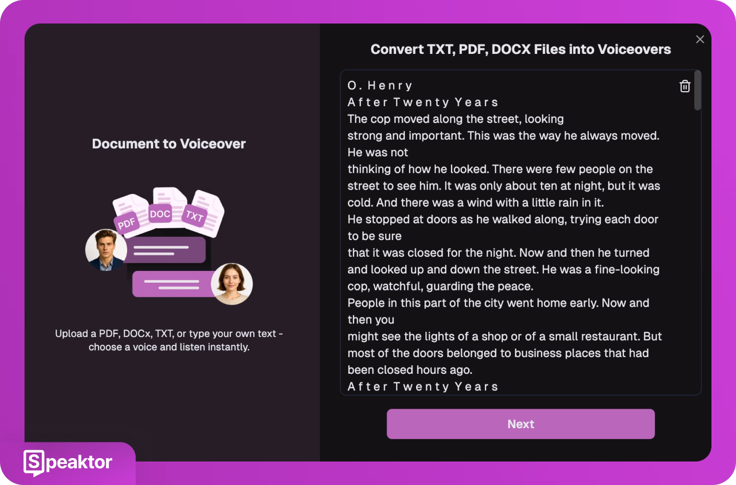 Инструмент Speaktor, преобразуващ TXT, PDF, DOCX файлове в озвучаване.