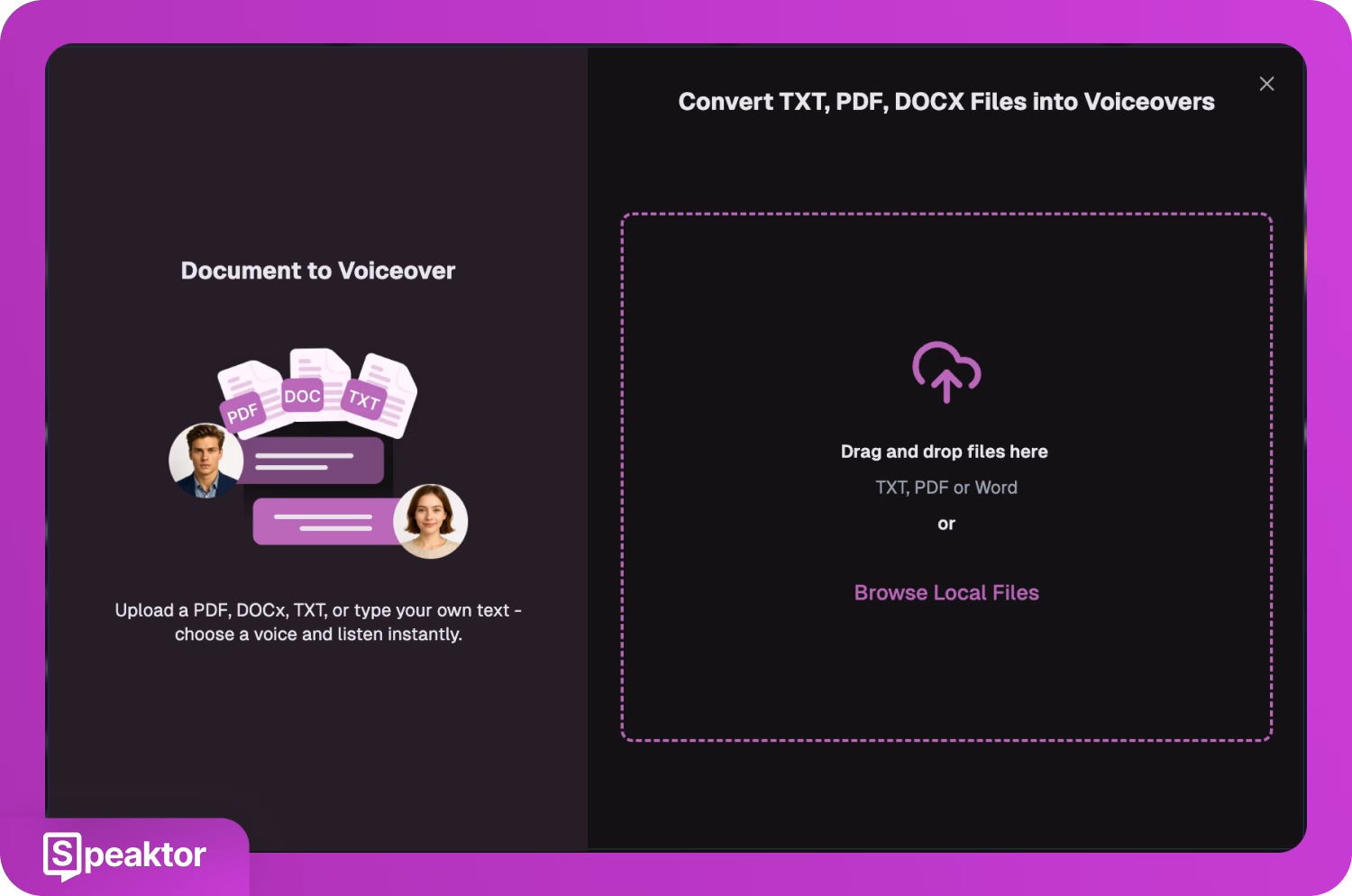 Интерфейс на Speaktor за преобразуване на TXT, PDF, DOCX файлове в озвучаване.