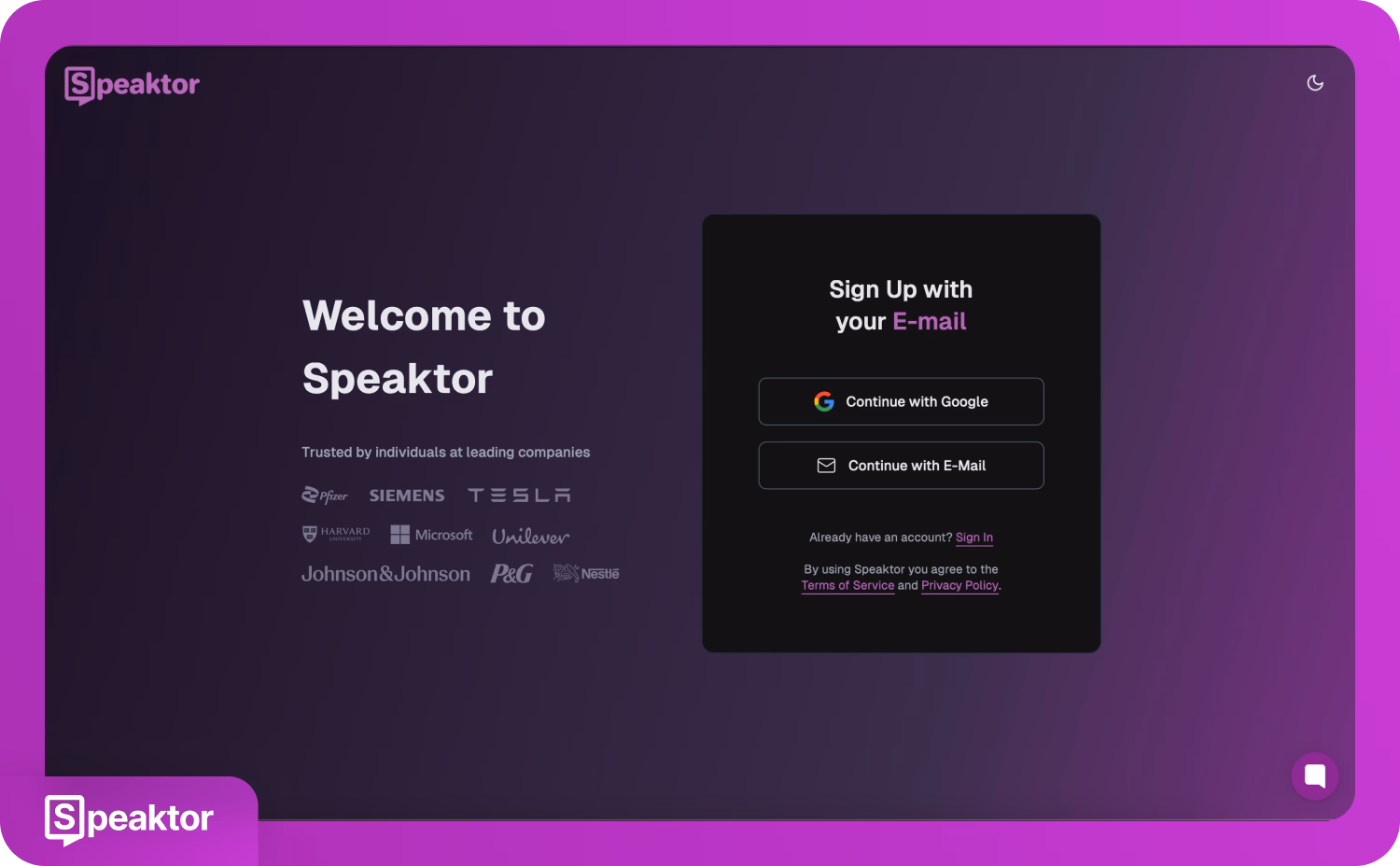 Екран реєстрації Speaktor із можливістю продовжити через Google або електронну пошту.