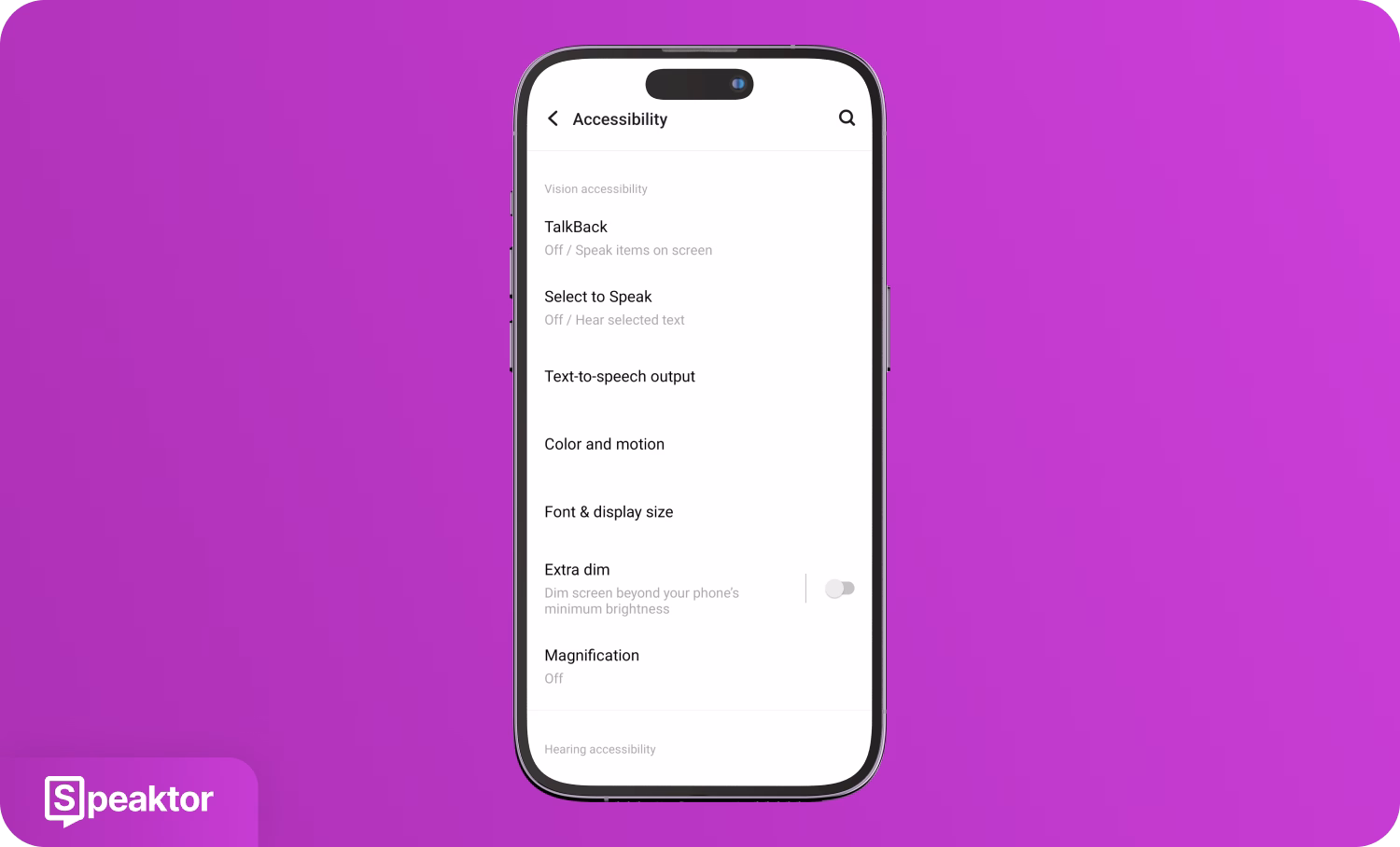 Obrazovka smartphonu zobrazující nastavení přístupnosti pro funkce převodu textu na řeč pomocí aplikace Speaktor.