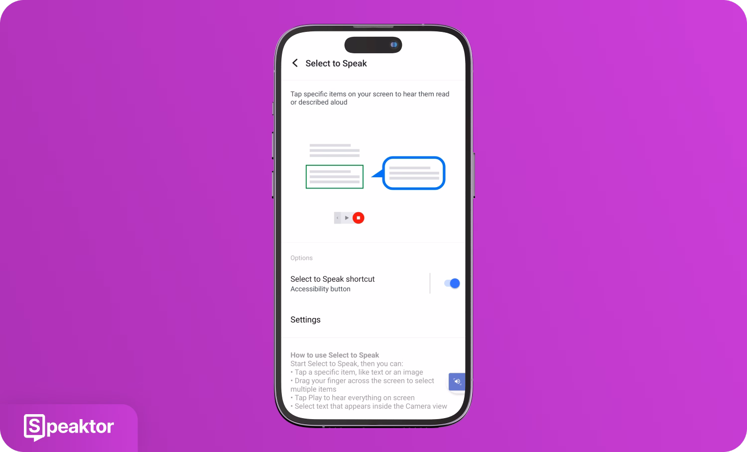 Obrazovka smartphonu zobrazující funkci převodu textu na řeč v aplikaci Speaktor pro přístupnost.