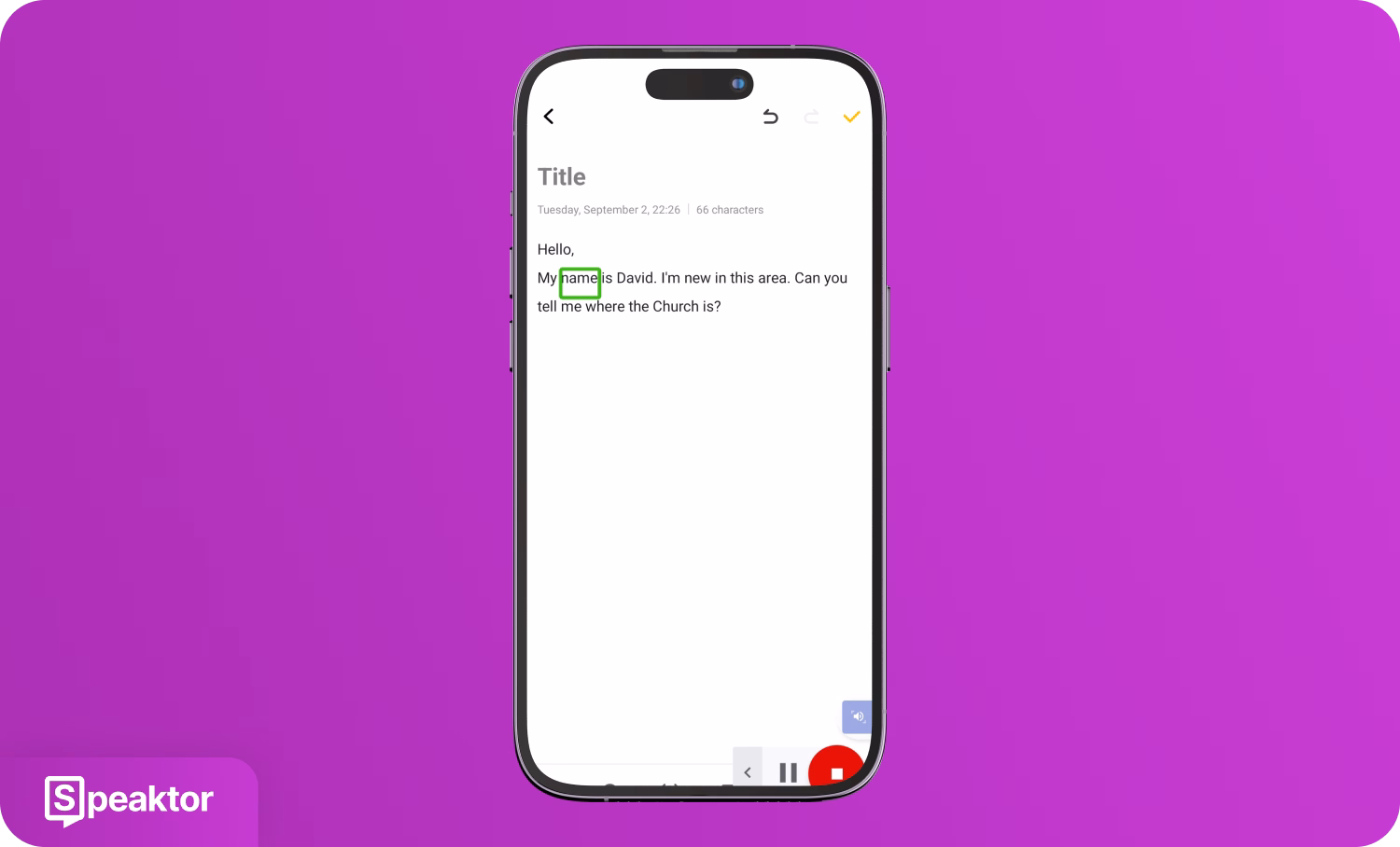 Mobilní telefon zobrazující aplikaci Speaktor pro převod textu na řeč.
