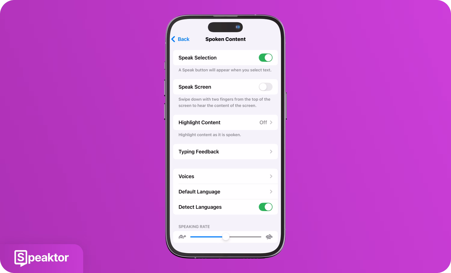 Smartphone zobrazující nastavení převodu textu na řeč s logem Speaktor.