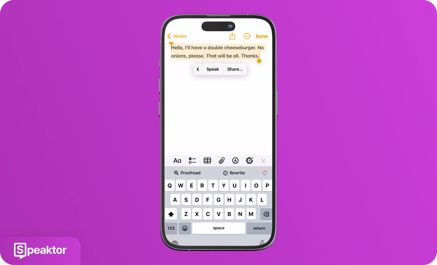 Smartphone zobrazující funkci převodu textu na řeč pomocí aplikace Speaktor na fialovém pozadí.