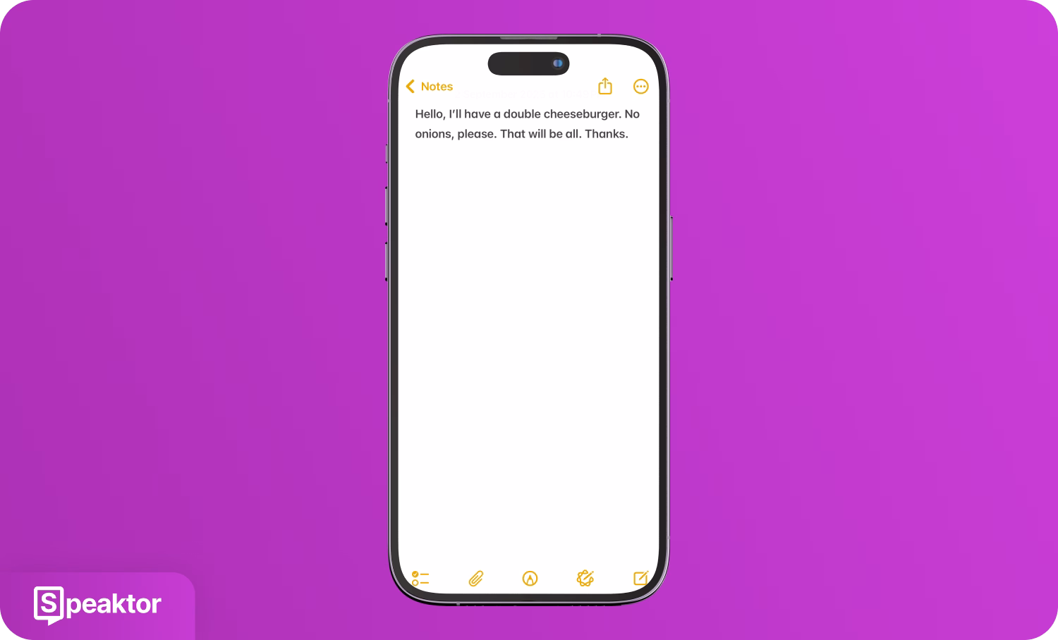 Smartphone zobrazující napsanou objednávku pomocí Speaktoru, s fialovým pozadím.