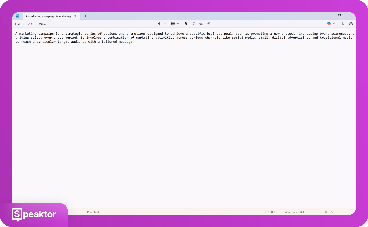 Software pro převod textu na řeč Speaktor zobrazující text marketingové kampaně.