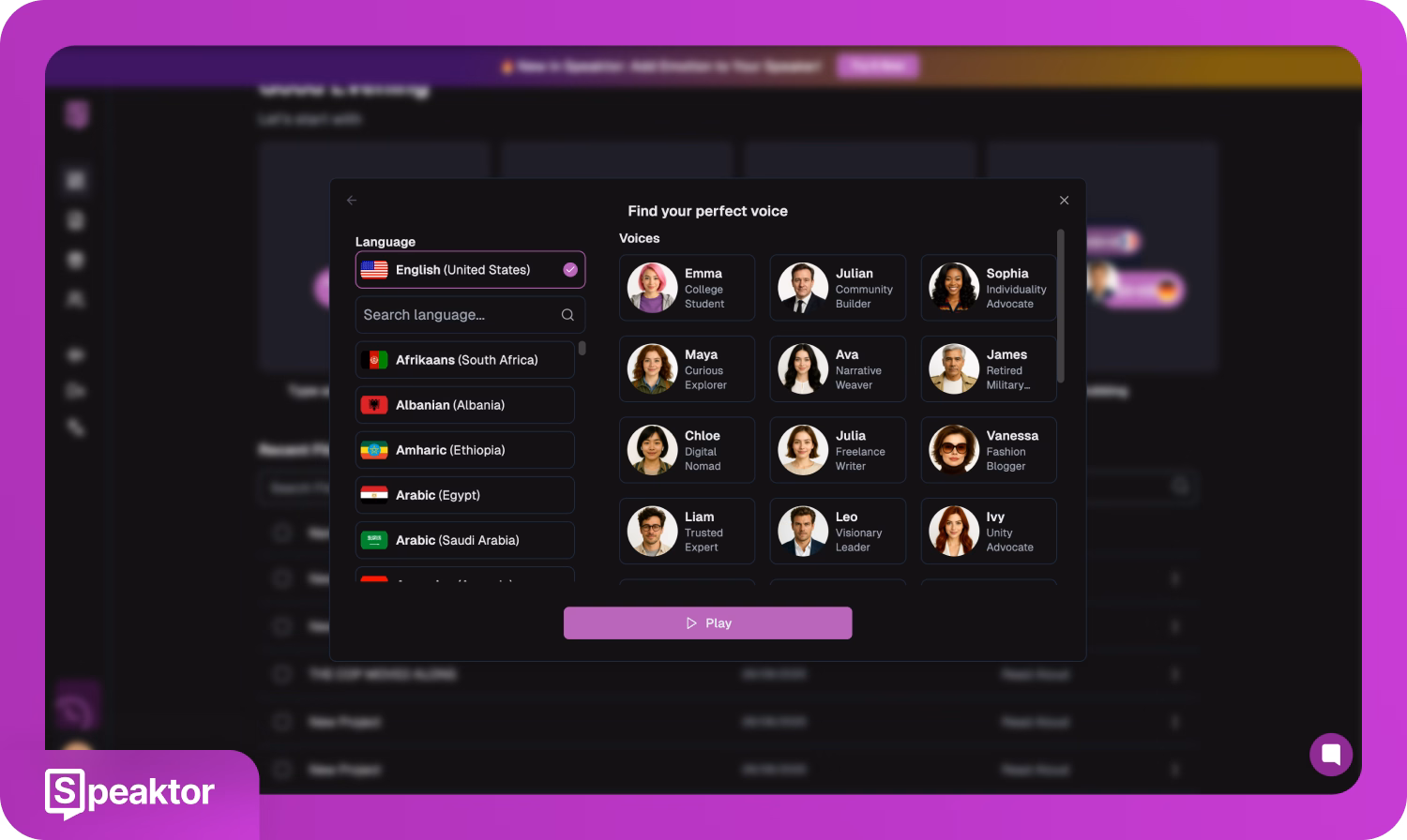 Інтерфейс Speaktor, що показує вибір мови та голосу для створення демонстрації продукту за допомогою ШІ.