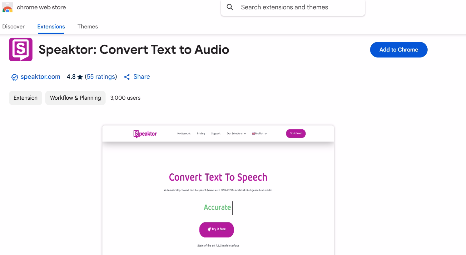 Chrome Web prodavnica za Speaktor ekstenziju za pretvaranje teksta u govor koja prikazuje glavne funkcije i ocenu
