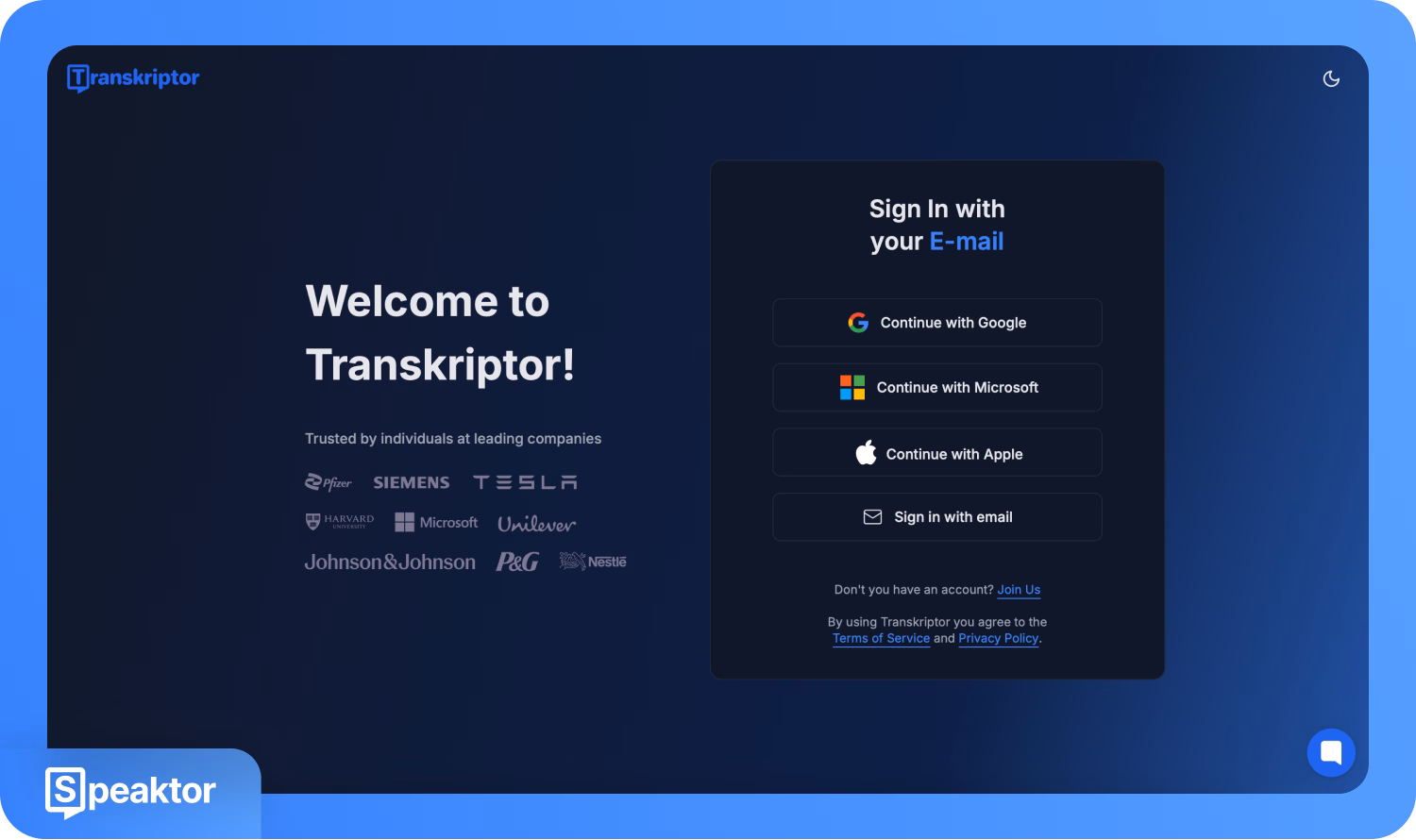 Сторінка входу Transkriptor з можливістю входу через Google, Microsoft, Apple або електронну пошту.