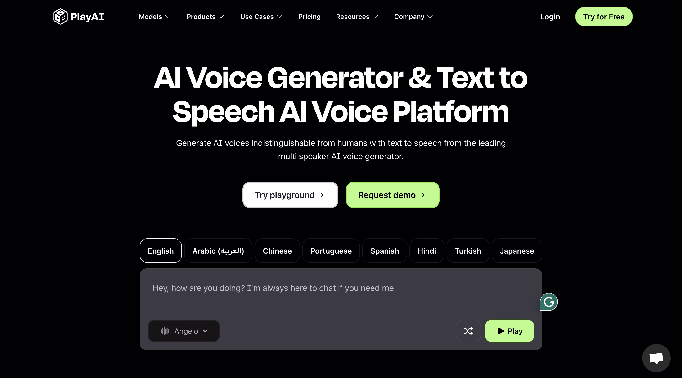 Платформа генератора голоса PlayAI, показывающая область ввода текста с языковыми опциями и голосовыми инструментами
