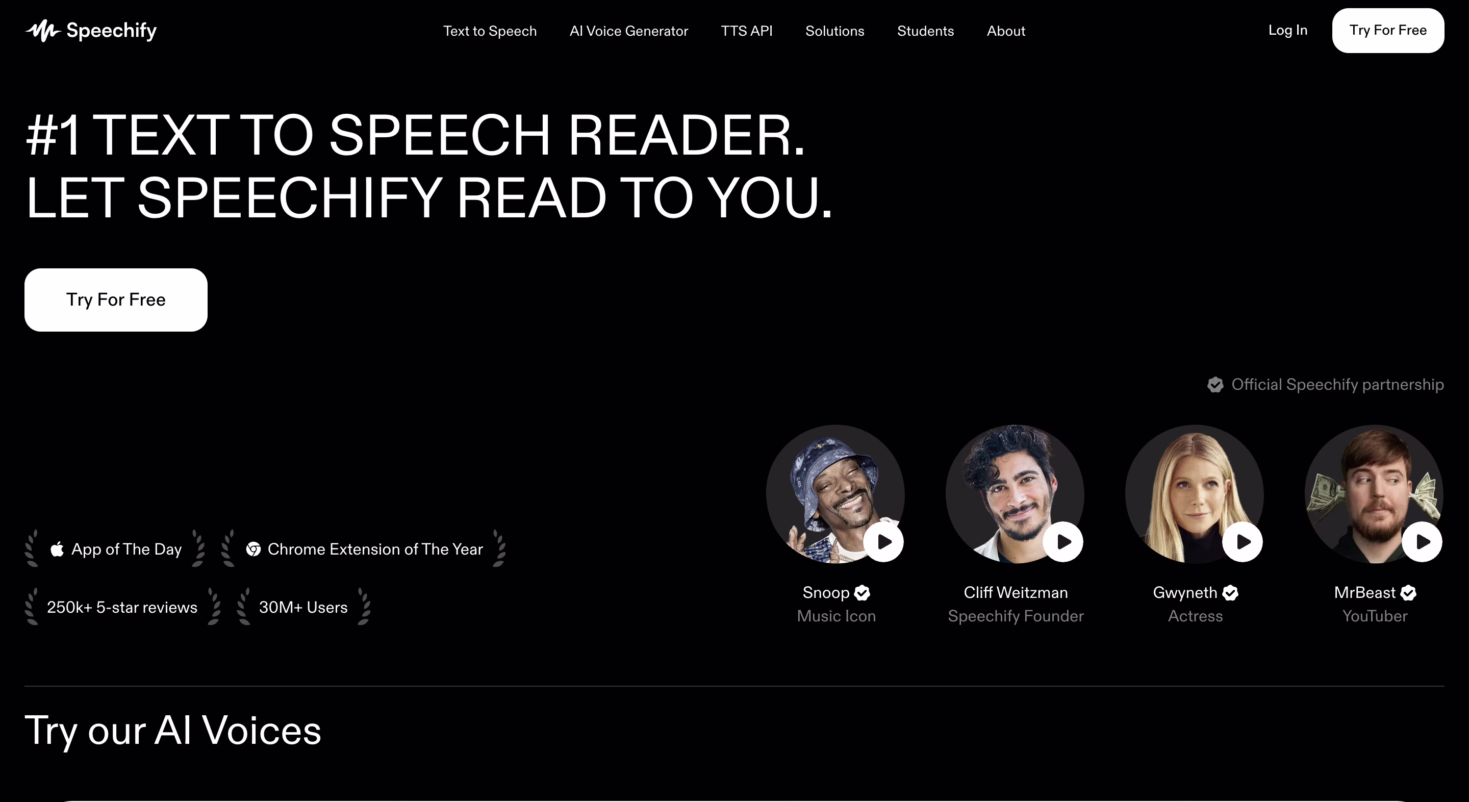 Сайт Speechify с жирным заголовком, рекламирующим их сервис
