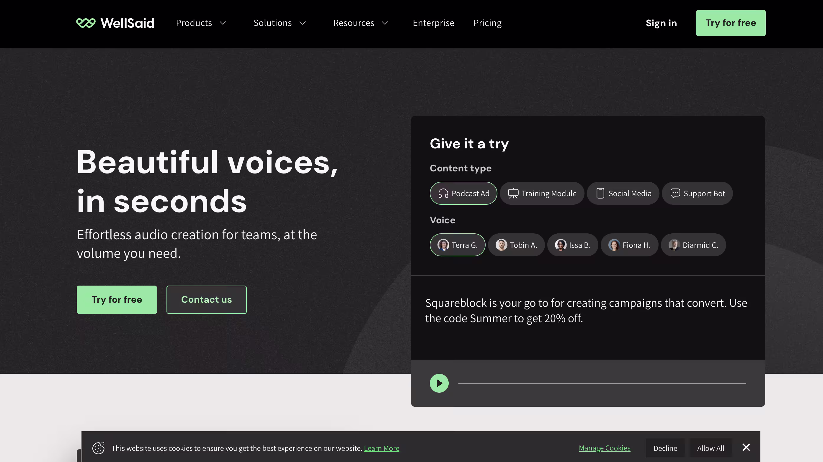 Платформа WellSaid Labs, показывающая интерфейс выбора голоса с несколькими вариантами голосов ИИ