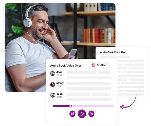 Image depicting a person wearing headphones enjoying audio content alongside an interface showing voice selection controls for converting text into realistic audiobooks.