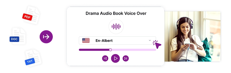 Image depicting a person holding books with document icons and a drama audiobook interface showing instant book-to-audio conversion.