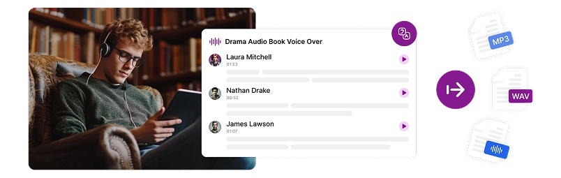 Image depicting a person reading on a couch with a voice selection interface and file format icons showing customizable download options for flexible use.