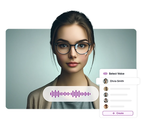 Image depicting a person wearing glasses alongside a voice customization interface with audio waveform visualization, showing tools for creating AI voiceovers instantly.