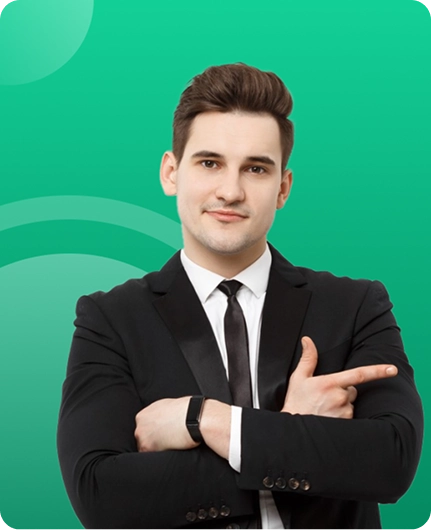 Image depicting a person in business attire with crossed arms against a green background, representing audio solutions for busy professionals.