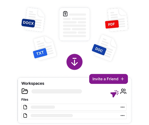 Imagem que descreve uma interface de espaço de trabalho com vários ícones de formato de documento e opções de gerenciamento de arquivos para carregar e organizar conteúdo de áudio sem esforço.